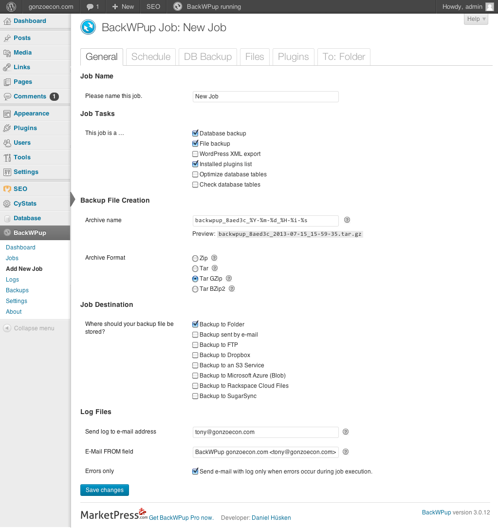 BackWPup settings