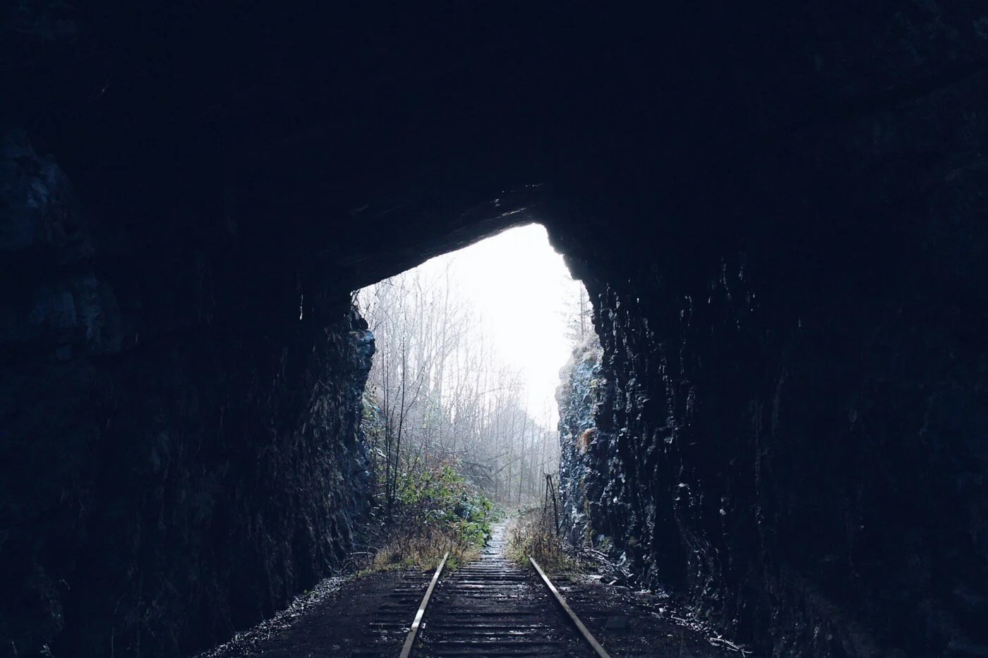 View from inside a dark railroad tunnel toward a foggy forest