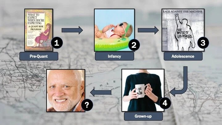 Slide of four stages in order: pre-quant (a parody book cover, "What to Expect When You're Expecting a Quant Risk Program"), infancy (a baby in sunglasses on a pool float), adolescence (a Rage Against the Machine album cover) and grown-up (a "Like a Boss" mug), followed by a question mark