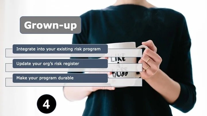 Step 4 slide, grown-up, with a person holding a "Like a Boss" mug and three tasks: integrate into your existing risk program, update your org's risk register and make your program durable