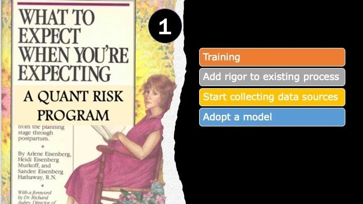 Step 1 slide with the parody cover "What to Expect When You're Expecting: A Quant Risk Program" and four tasks: training, add rigor to existing process, start collecting data sources and adopt a model