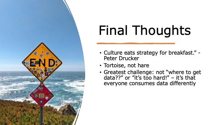 Final Thoughts slide beside an END road sign on the coast, with three points: "Culture eats strategy for breakfast" from Peter Drucker, "Tortoise, not hare," and a note that the greatest challenge is that everyone consumes data differently