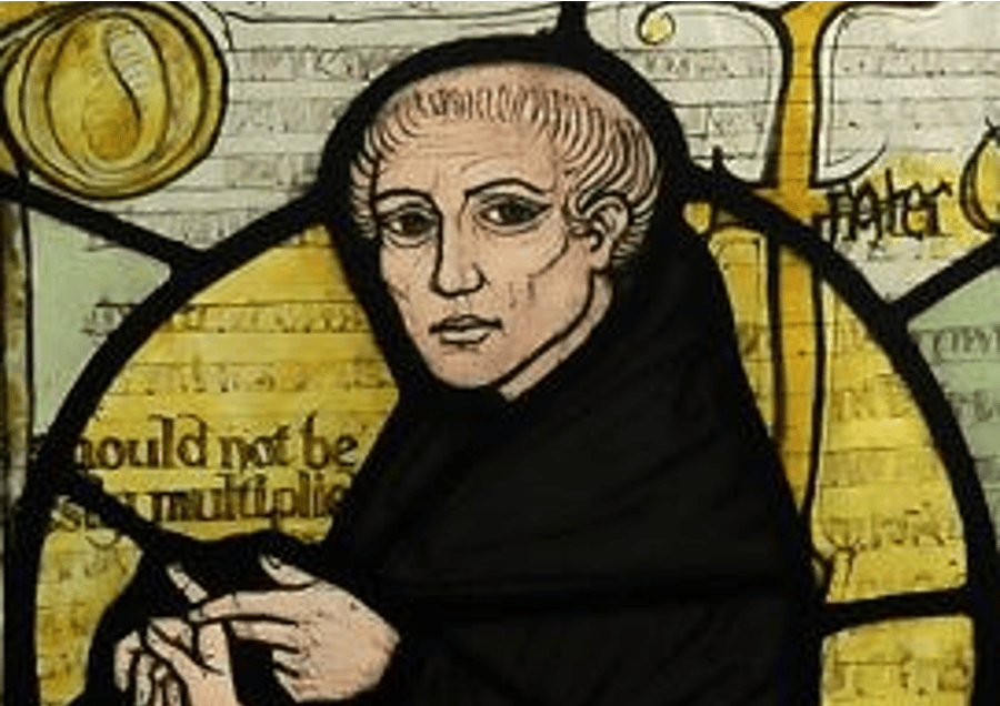 Stained-glass portrait of William of Ockham in a monk's black hood