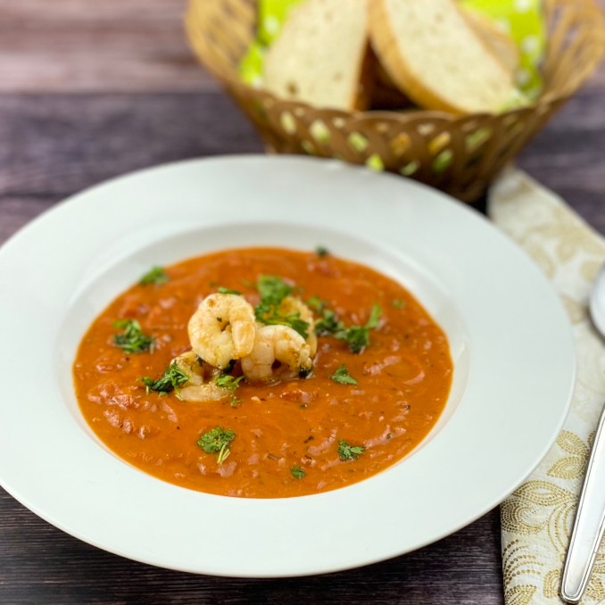Mediterranean tomato soup with fried shrimps