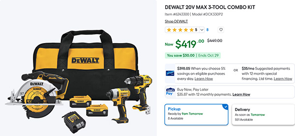 Dewalt DCK330P2 Cordless Power Tool Combo Kit Deal at Lowes Screen Capture