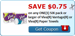 Save $0.75 on any ONE(1) SIX pack or larger of Viva(R) Vantage(R) or Viva(R) Paper Towels