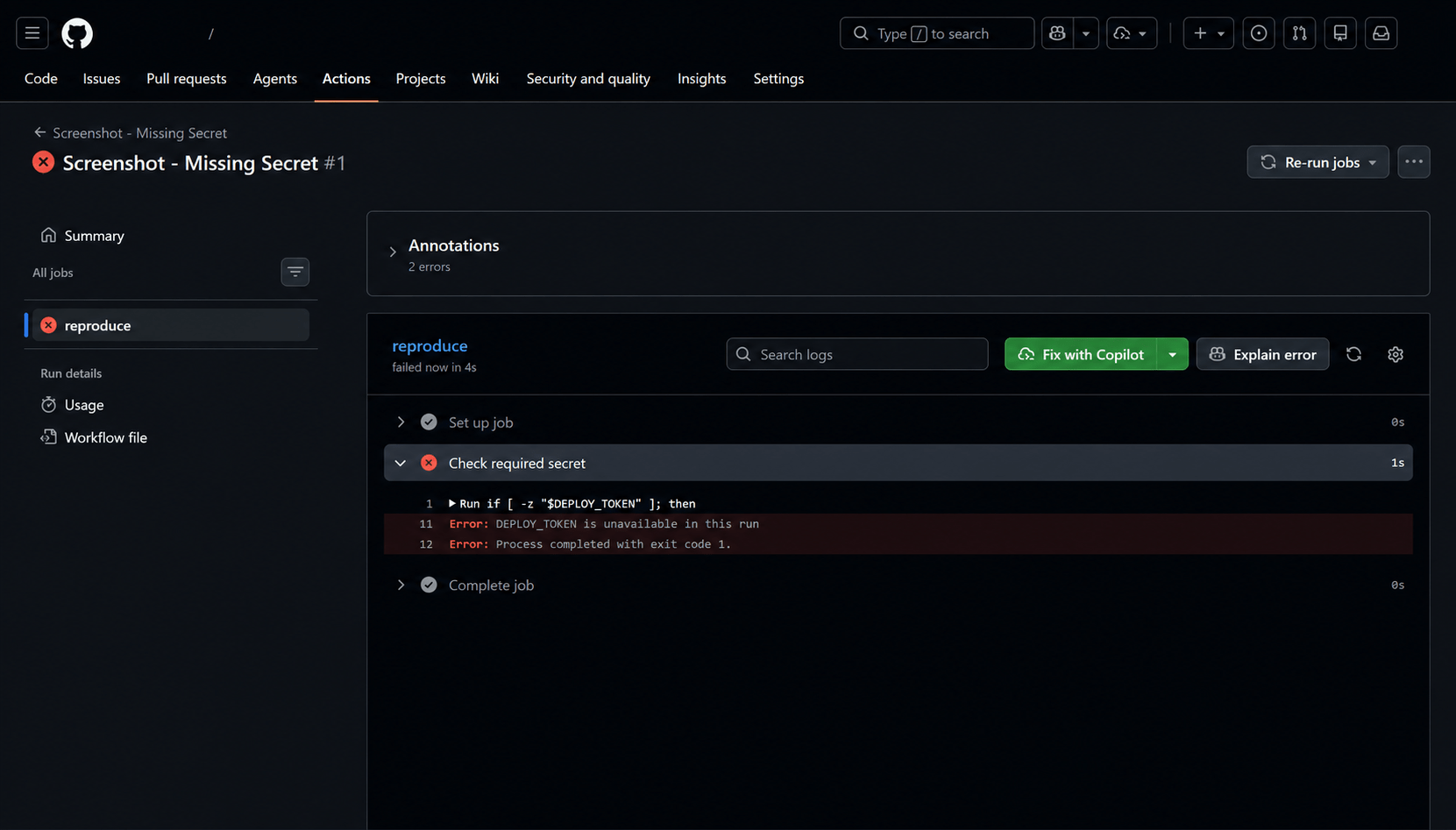 GitHub Actions 로그에서 Secret 값 없이 전달 실패만 확인하는 화면