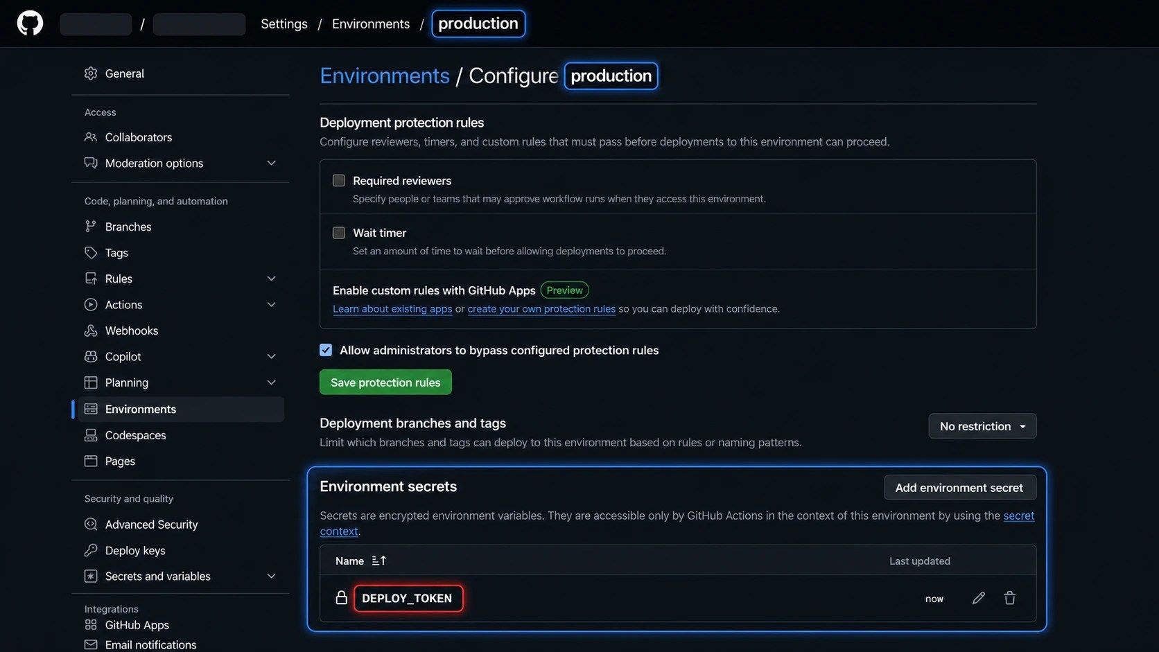 GitHub production environment에 저장된 DEPLOY_TOKEN Secret 이름