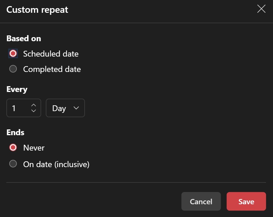 English Todoist custom recurrence settings for scheduled-date and completion-date repeats