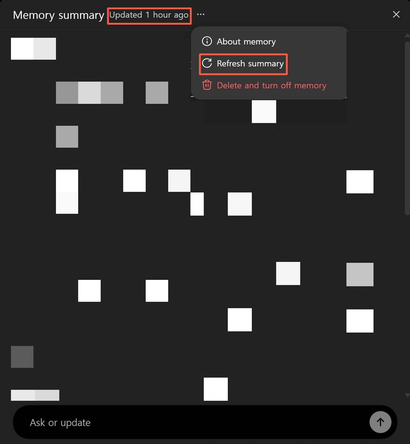 ChatGPT Memory summary management page showing the update time and Refresh control