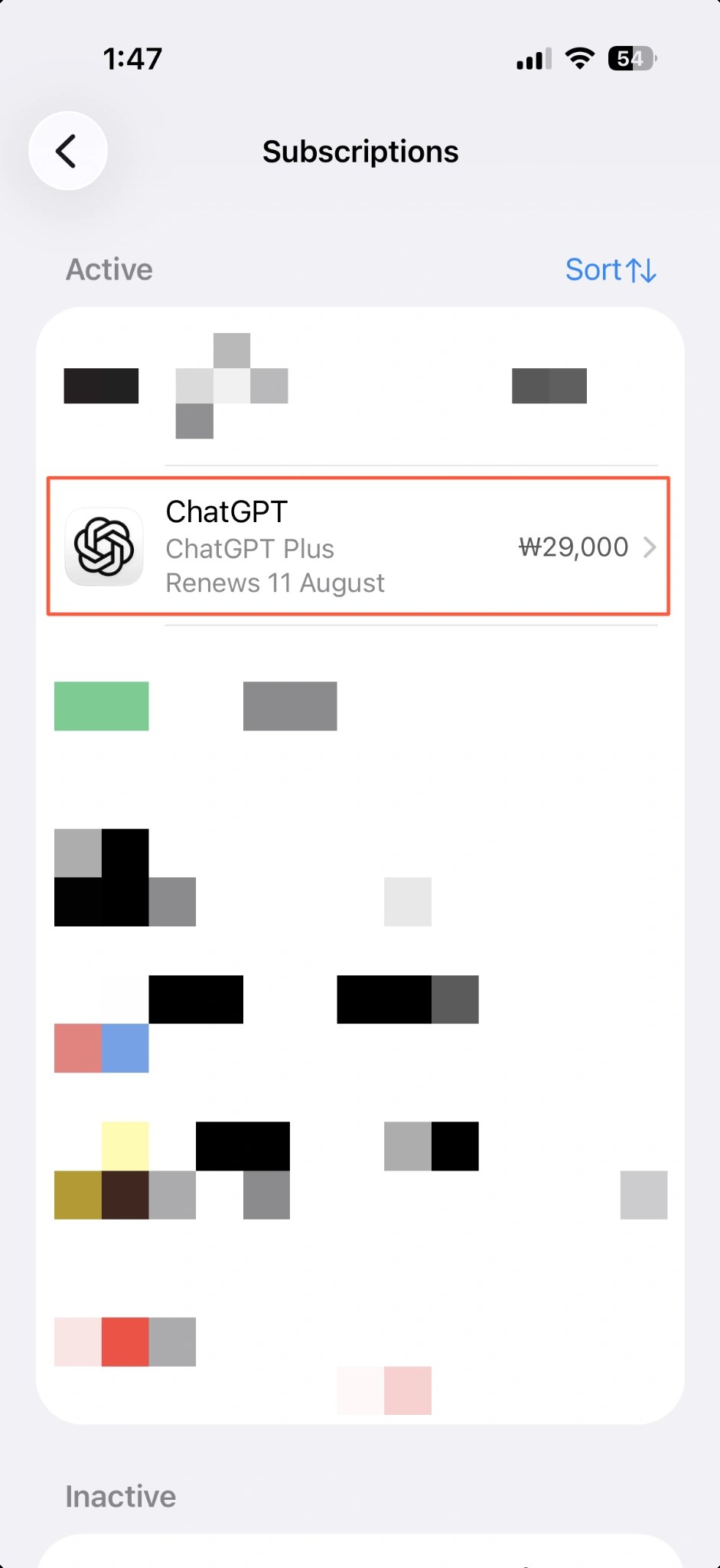 Active ChatGPT App Store subscription in iPhone Settings