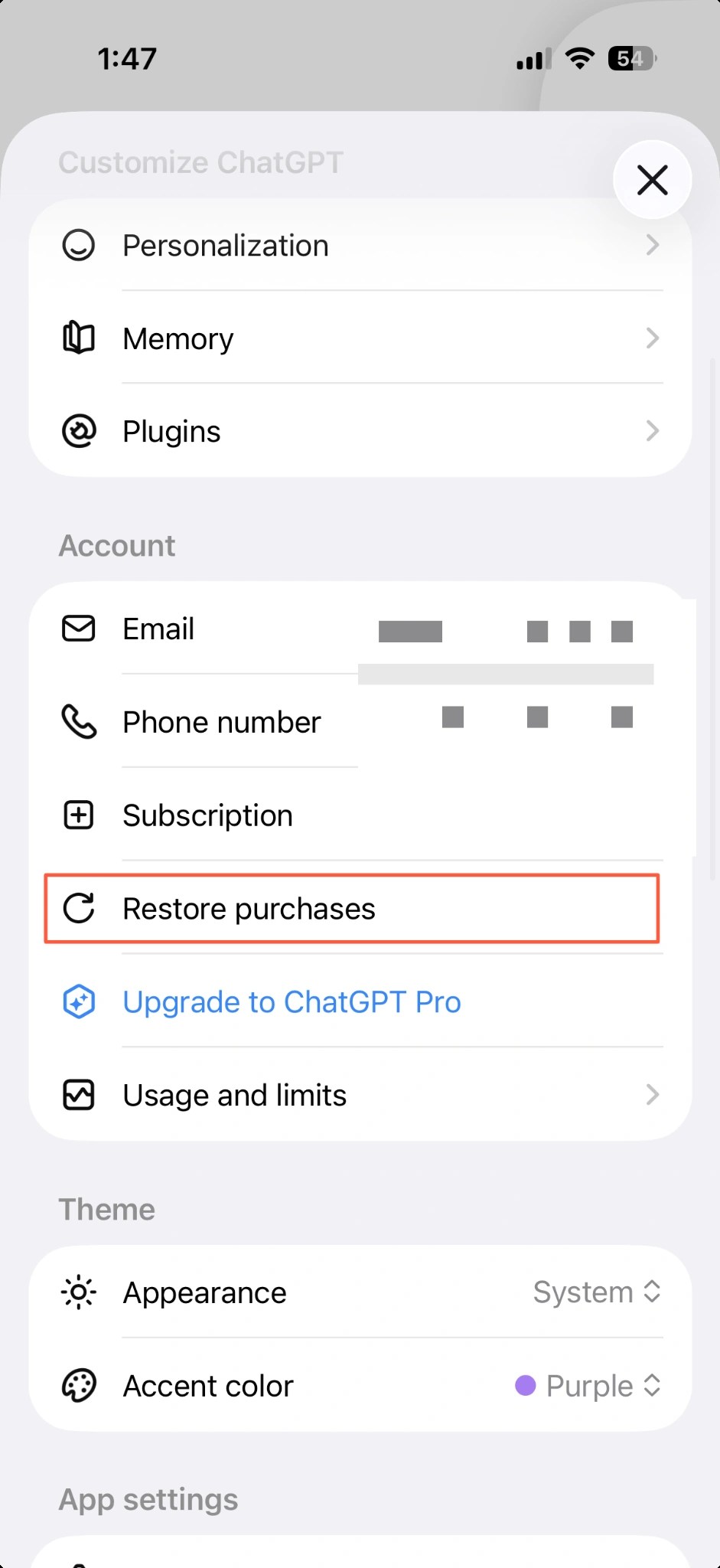 Restore purchases option in ChatGPT iOS account settings