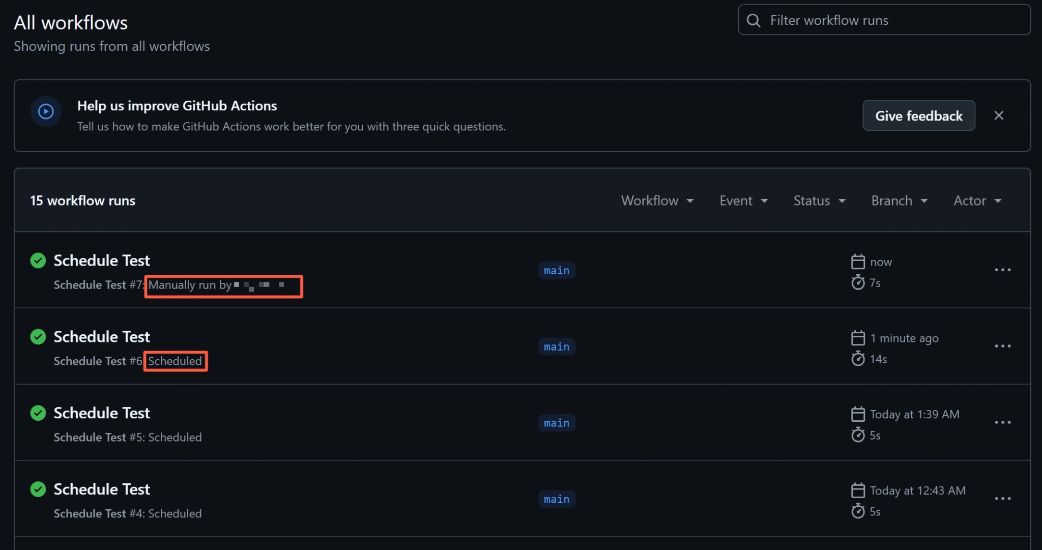 GitHub Actions run history comparing a manual run with scheduled runs