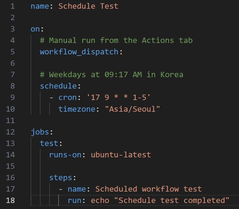 GitHub Actions workflow with workflow_dispatch, a cron expression, and the Asia/Seoul timezone