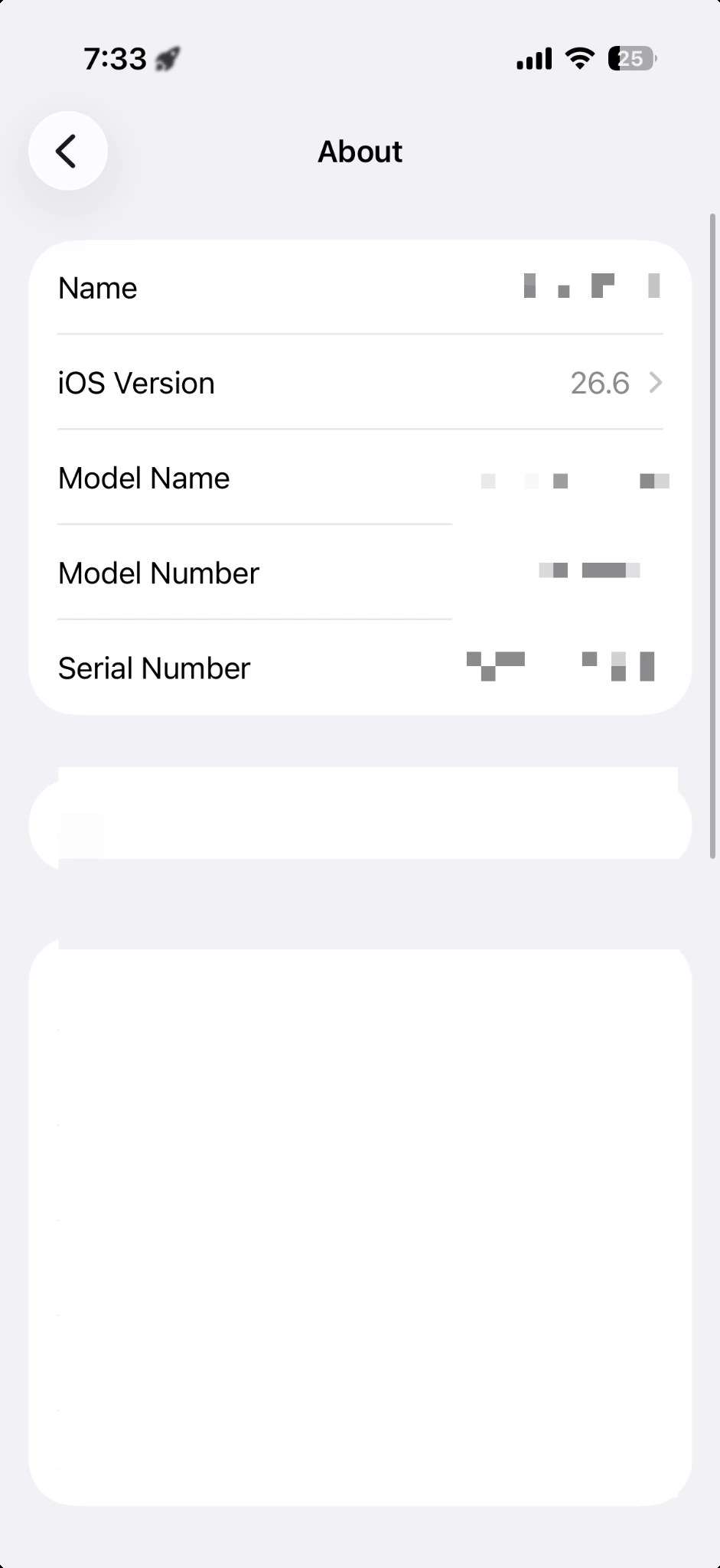 iPhone About screen showing the model name and installed iOS version