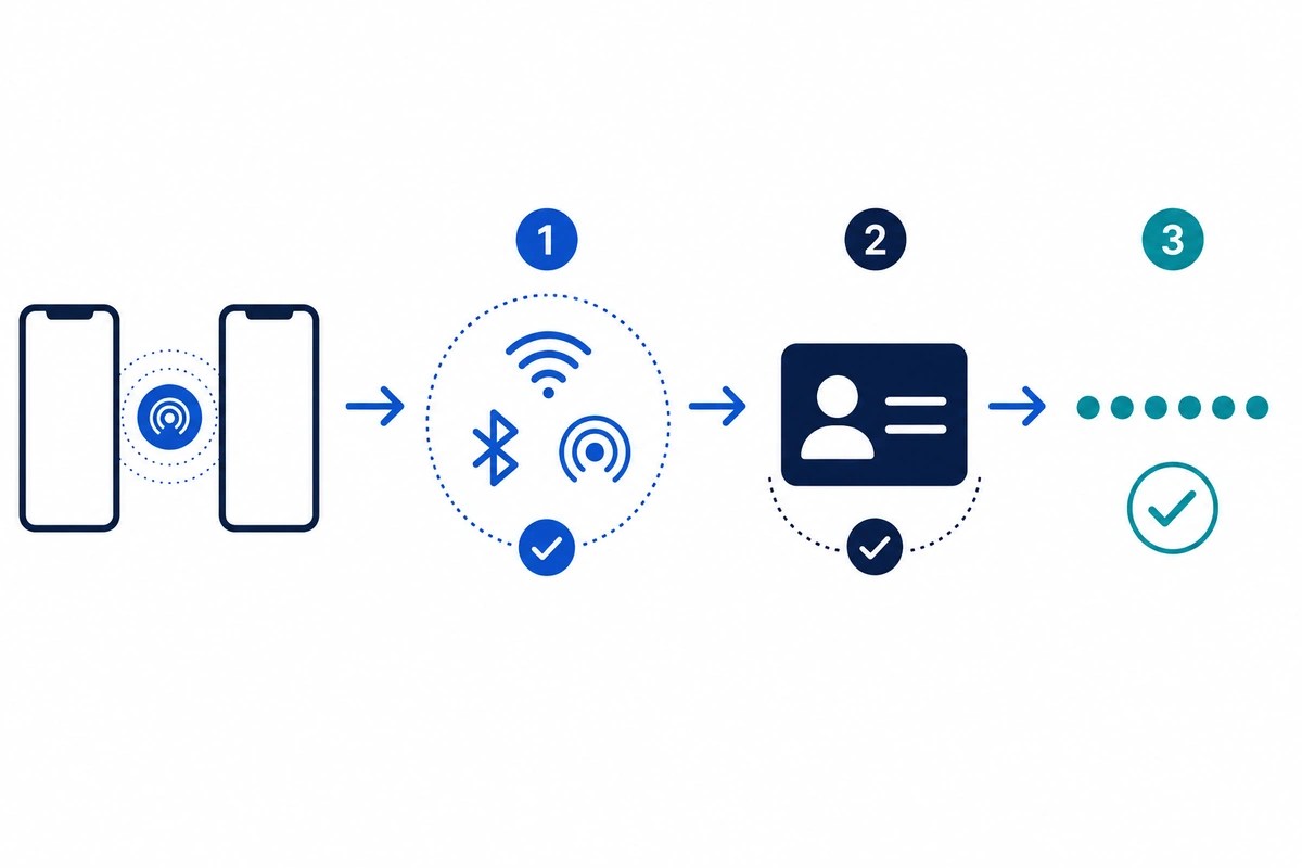 A three-step AirDrop diagnosis covering wireless settings, contact identity, and a verification code