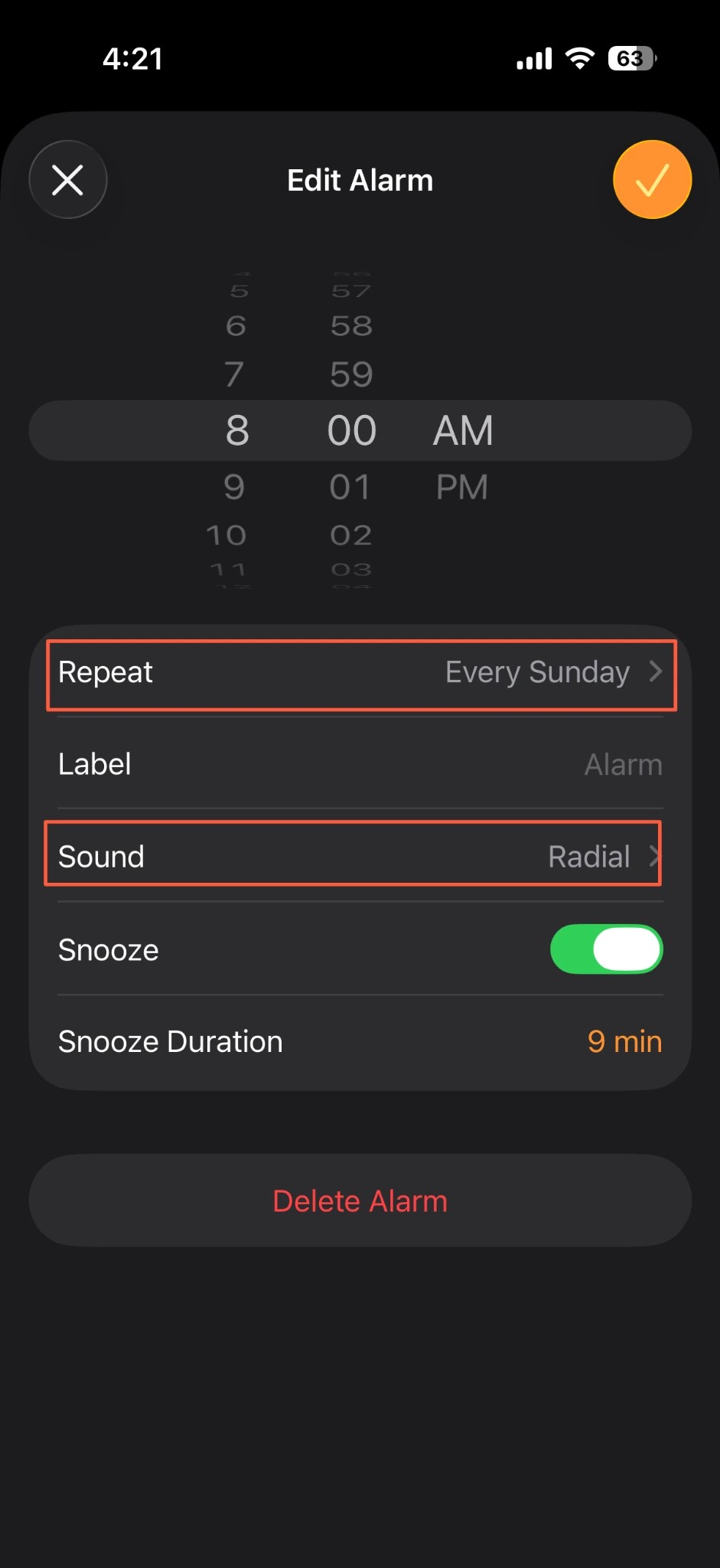 Show where a regular alarm's Sound and Repeat settings differ from the Sleep schedule wake up controls