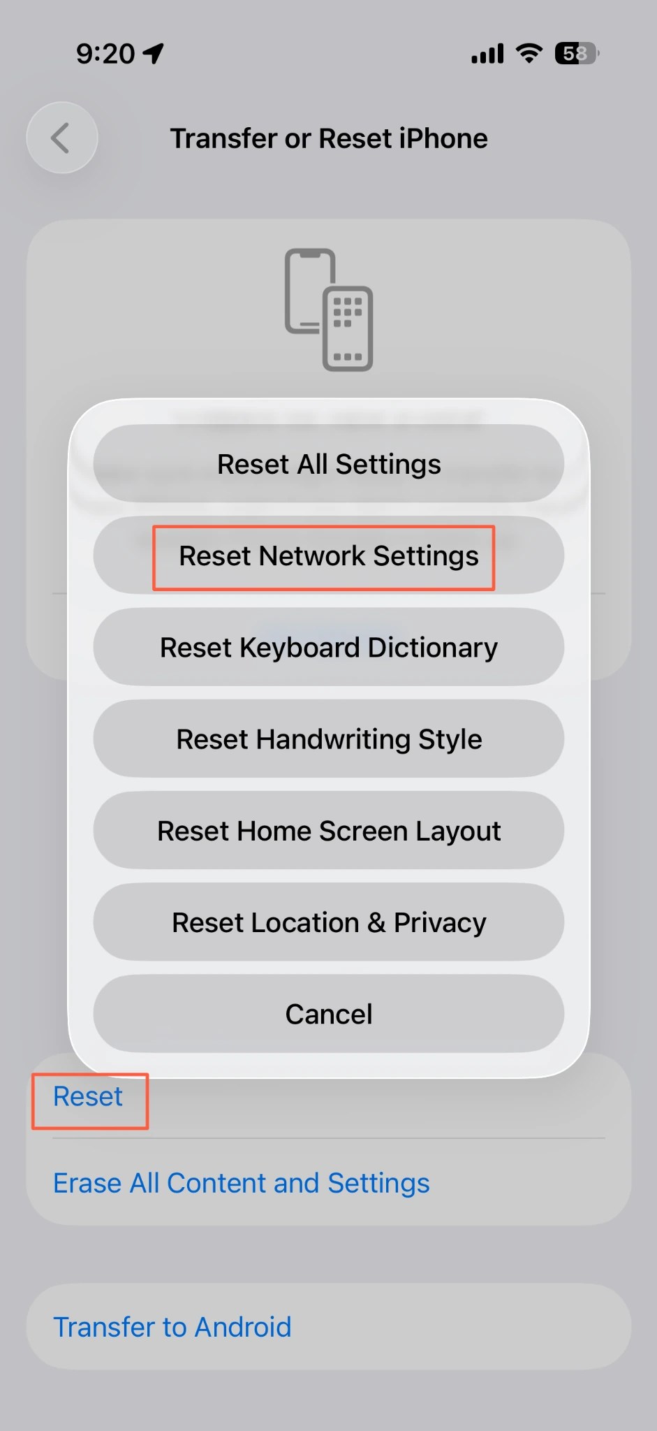 English iPhone reset menu with Reset Network Settings visible