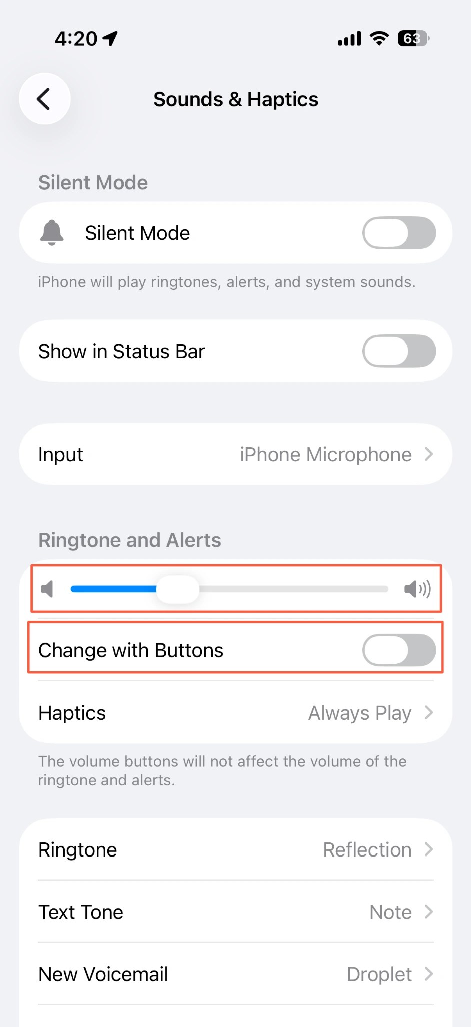 Confirm the exact English path and distinguish the alarm-related slider from media volume.