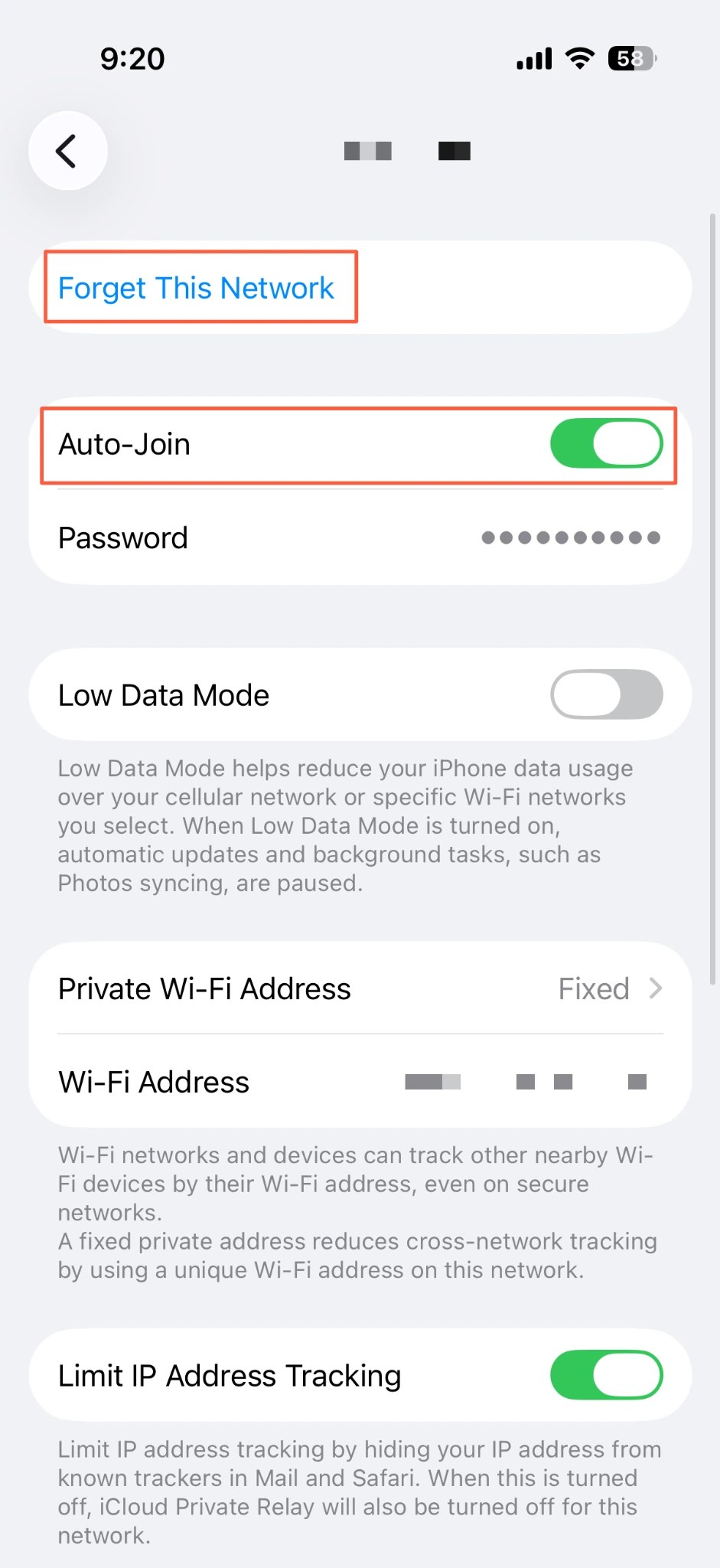 English iPhone Wi-Fi network details with Auto-Join and Forget This Network