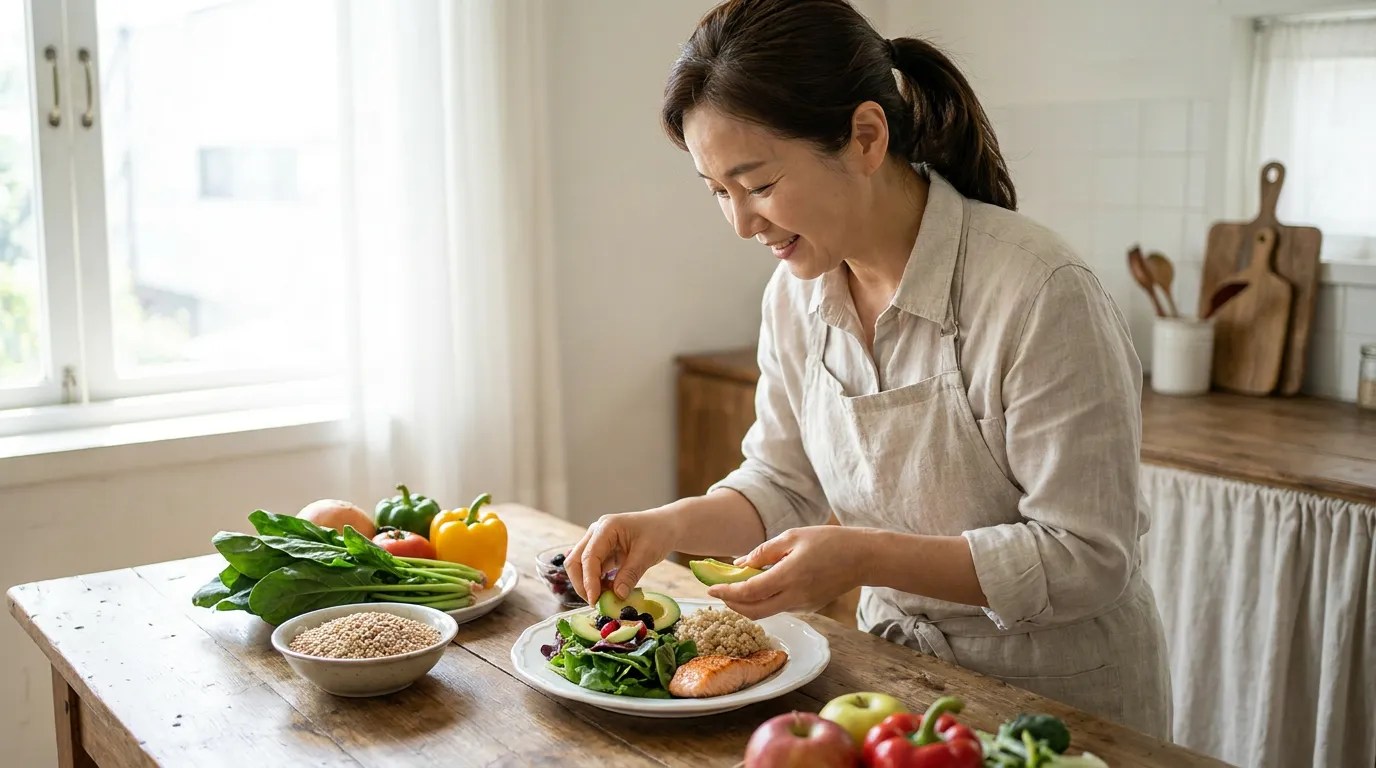 영양사가 메니에르 병에 좋은 음식을 접시에 담는 모습, 신선한 채소와 생선 등 저염 식단 구성