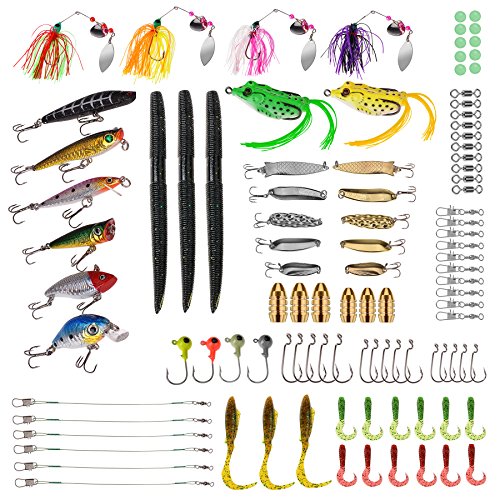 PLUSINNO Fishing Lures Baits Tackle, BEST BASS Fishing Lures Including Crankbaits, Spinnerbaits, Plastic worms, Jigs, Topwater Lures , Tackle Box and More Fishing Gear Lures Kit Set
