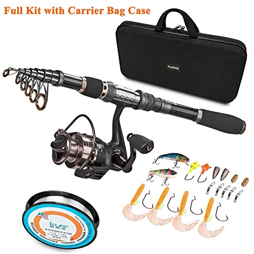 PLUSINNO Telescopic Fishing Rod and Reel Combos FULL Kit, Spinning Fishing Gear Organizer Pole Sets with Line Lures Hooks Reel and Fishing Carrier Bag Case Accessories