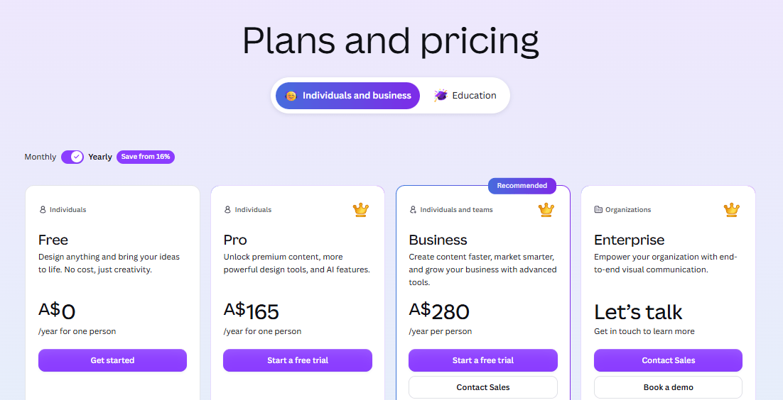 Canva AI pricing table