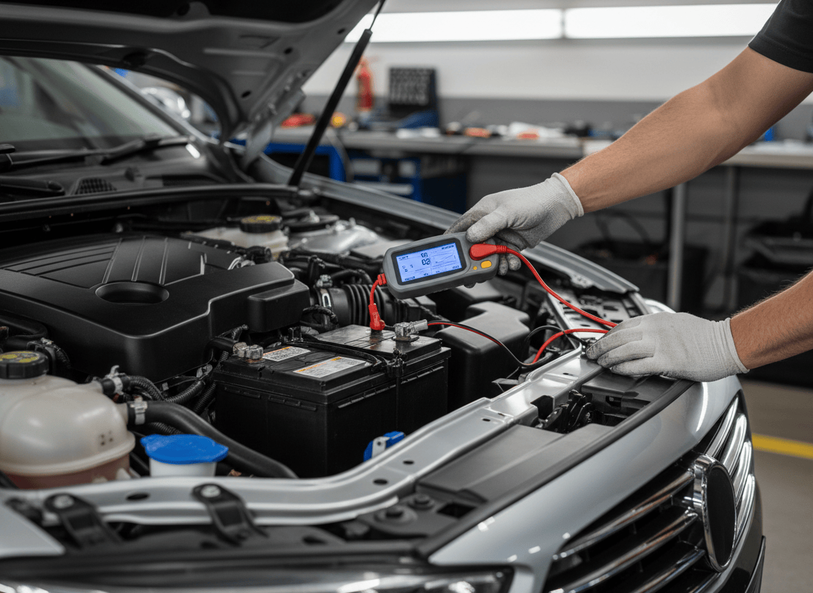 Mechanic checking a car battery in an engine bay