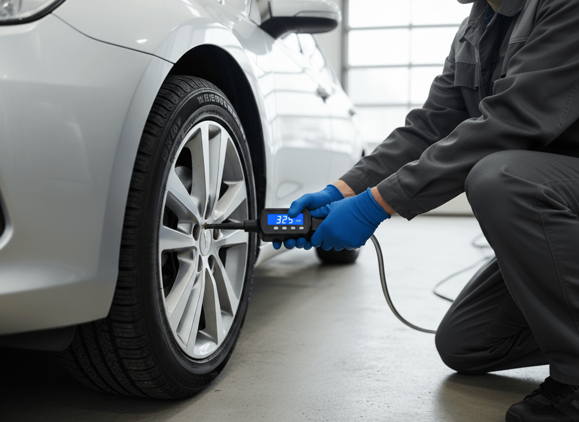 Driver checking tyre pressure on a passenger car