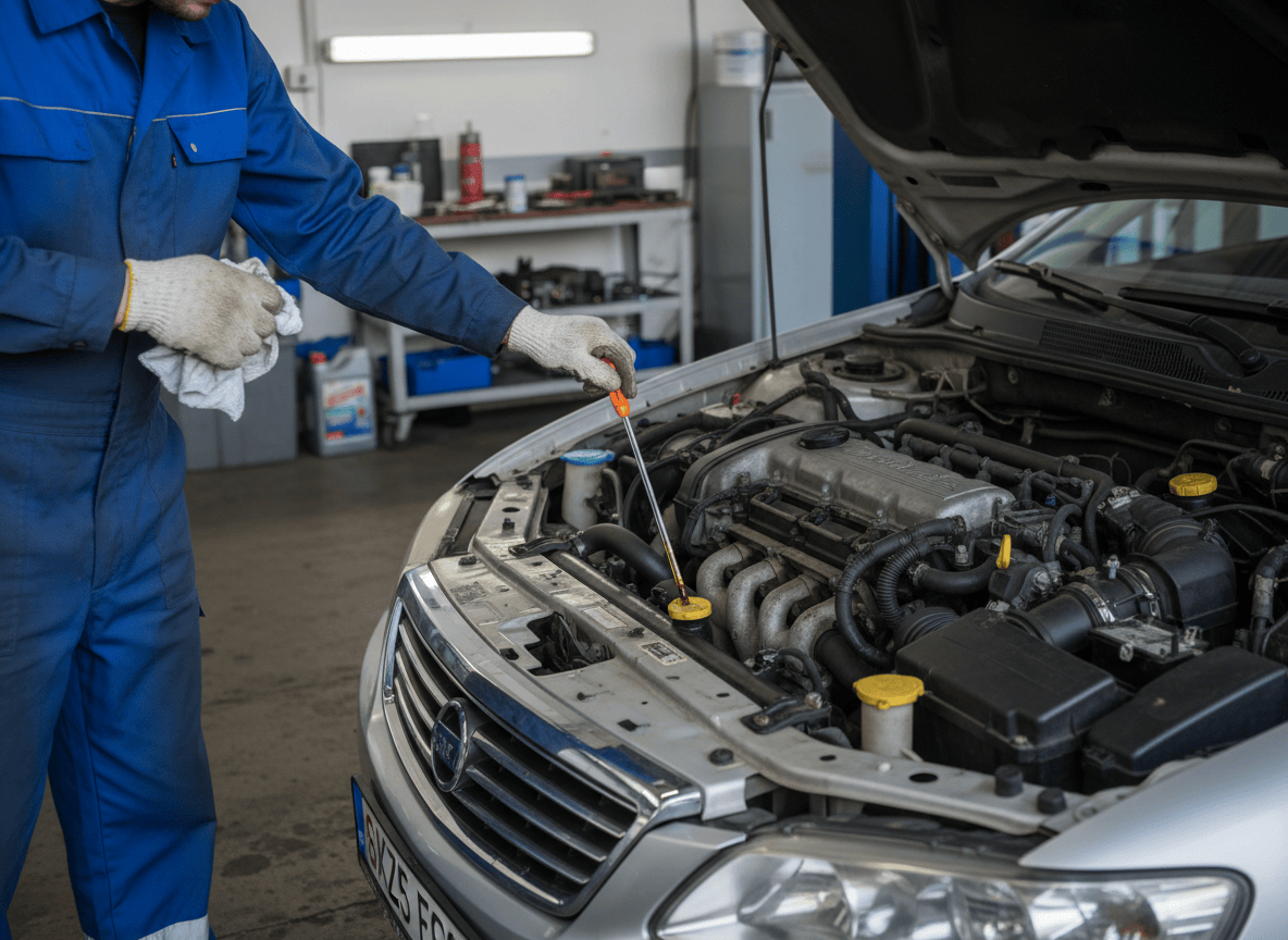 Engine oil level being checked