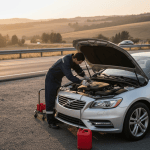 Car engine bay being checked after overheating
