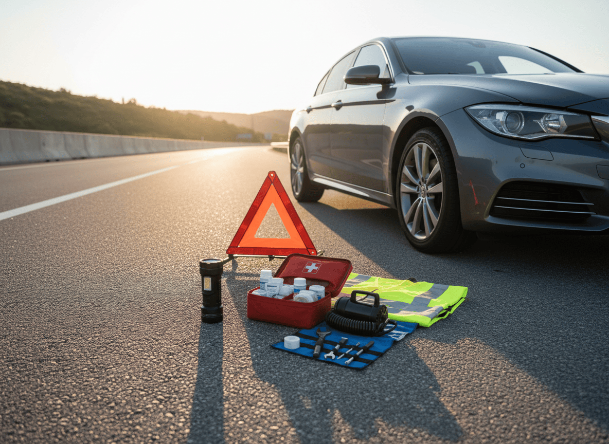 Roadside emergency kit arranged beside a car