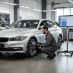 Mechanic checking wheel alignment on a passenger car
