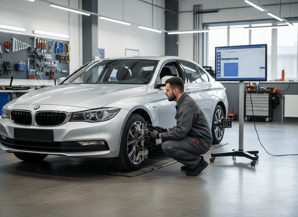 Mechanic checking wheel alignment on a passenger car