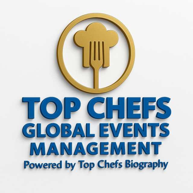 Logo for Top Chefs Global Events Management featuring a chef's hat and fork, symbolizing culinary expertise and event organization.