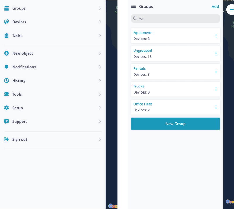 Screenshot of the Top Fleet GPS mobile app menu showing quick access to Asset Groups, Devices, Tasks, and Tools
