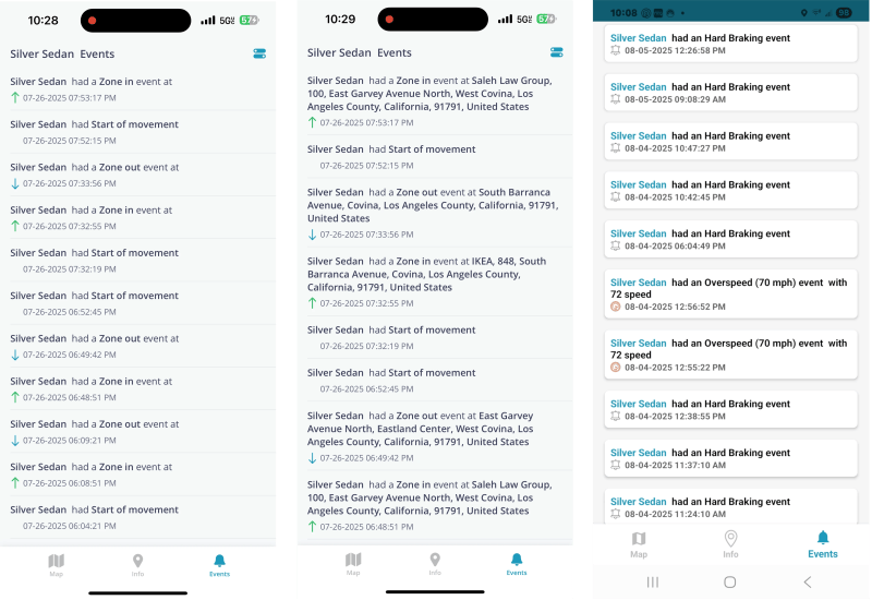 Screenshot of Events and Notifications tab showing real-time fleet alerts for ignition events, geofence activity, and driving behavior