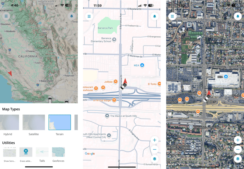 Three GPS map view options including standard, terrain, and satellite for fleet tracking