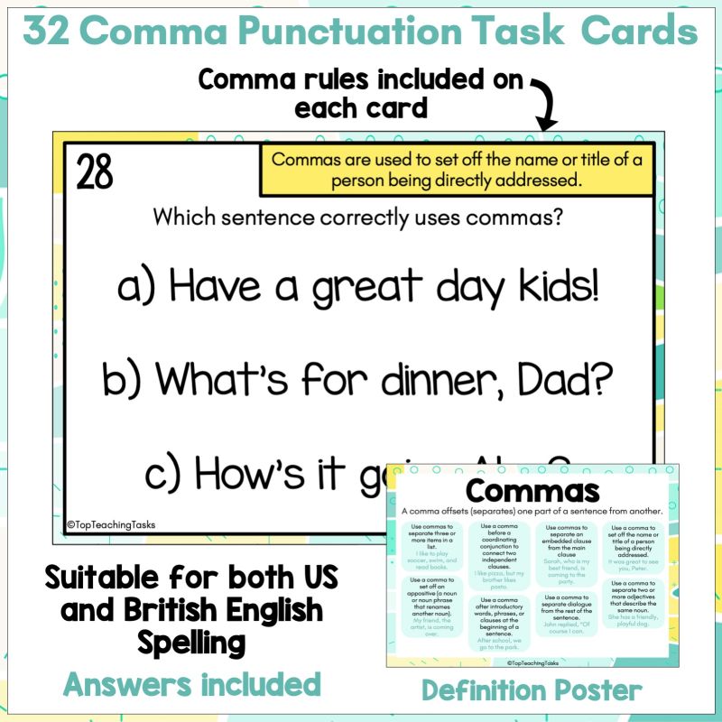 Commas Task Cards Commas Punctuation Activities Top Teaching Tasks - High Quality Minimal Photo - Ultra HD