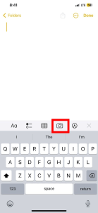 A picture showing the new camera icon on the Notes app on iPhone