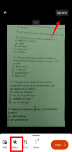 A picture showing Filter and Option on Adobe scan