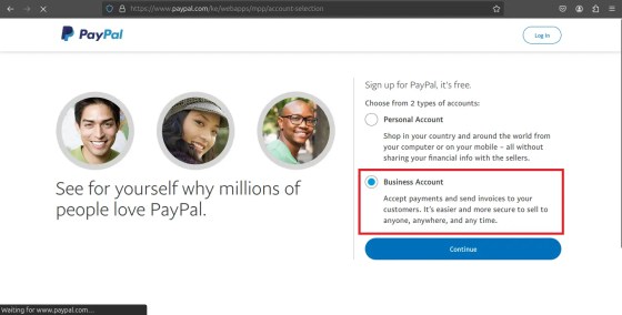 Business account on PayPal