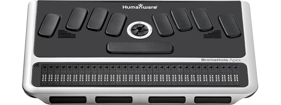 Photo of the One Refurbished BrailleNote Apex 32 Cell Notetaker with Perkins Style Braille Keyboard, Oxford Dictionary, and GPS Software for $3,295.00 USD - Flying Blind, LLC Online Store