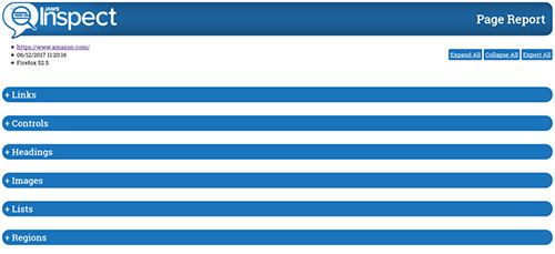 JAWS Inspect Page Report Screen Shot. Easy to use simple interface. Report details are organized for a single page by element. Easily exported to CSV.