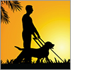 GuideLights And Gadgets logo. The silhouette of a man with a cane in one hand and the harness of a trained guide dog in the other walk together through the grass at sunrise. GuideLights And Gadgets. Personal. Affordable. Responsive. Trusted.