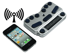 Photo of a BraillePen Touch connecting wirelessly via Bluetooth to an iPhone