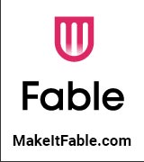 Fable logo. Pink shield logo with Fable in black text.