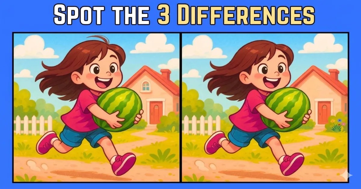 Spot the difference puzzle showing a girl running with a watermelon near a house, find 3 hidden differences between two similar images