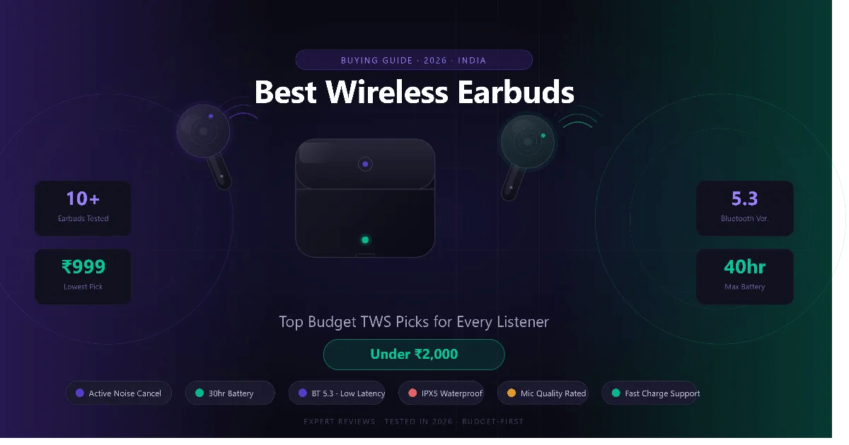 Best wireless earbuds under ₹2,000 featuring budget TWS earbuds with long battery life and deep bass.